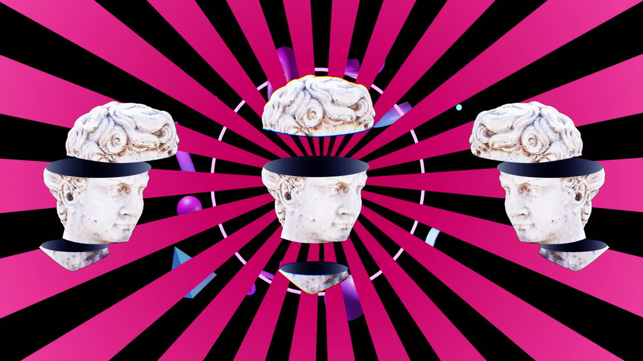 Animation of purple and pink shapes moving over sculptures on black background