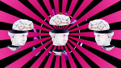 animation of purple and pink shapes moving over sculptures on black background