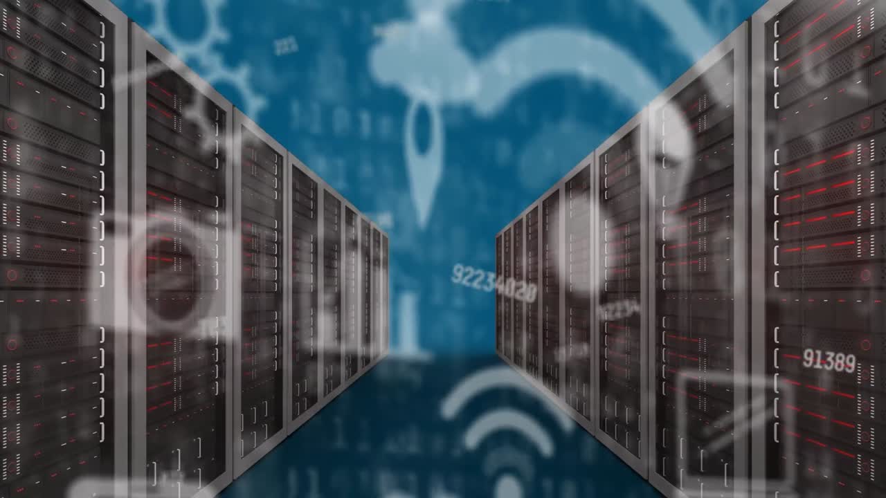 animación de múltiples iconos y números cambiantes contra la sala del servidor en fondo azul.