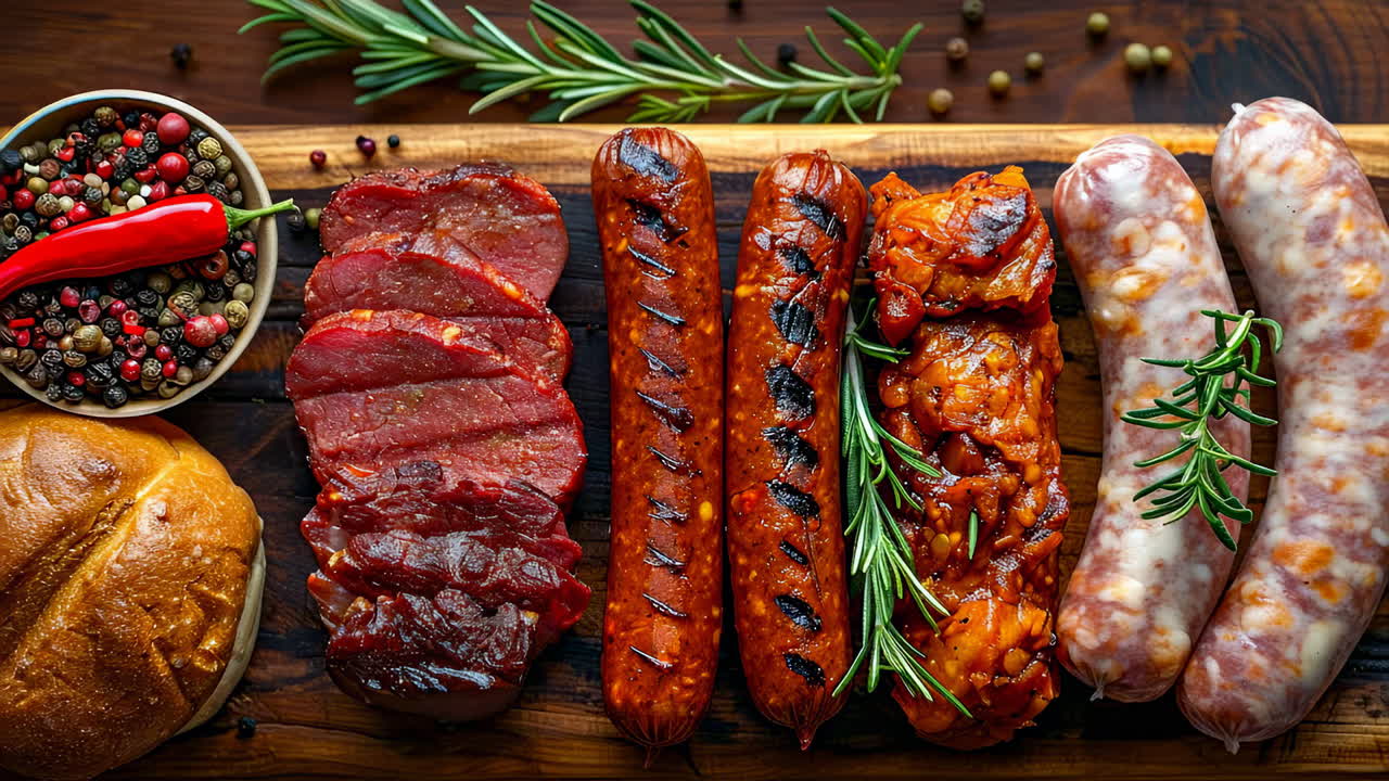 Deliziose carni e spezie alla griglia. Un assortimento di carni alla griglia servito su un tagliere di legno, guarnito con erbe fresche e spezie per esaltarne il sapore.