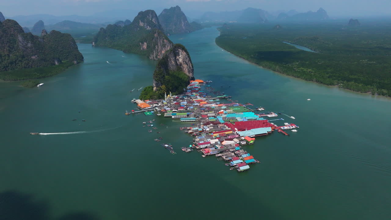Limestone Islands And Floating Village Of Koh Panyee In Summer In Phang Nga Bay, Thailand. - aerial shot