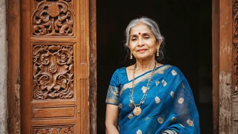 elegant senior woman wearing a blue sari and gold jewelry smiles subtly while standing in an elaborately carved wooden doorway, showcasing a blend of tradition and grace