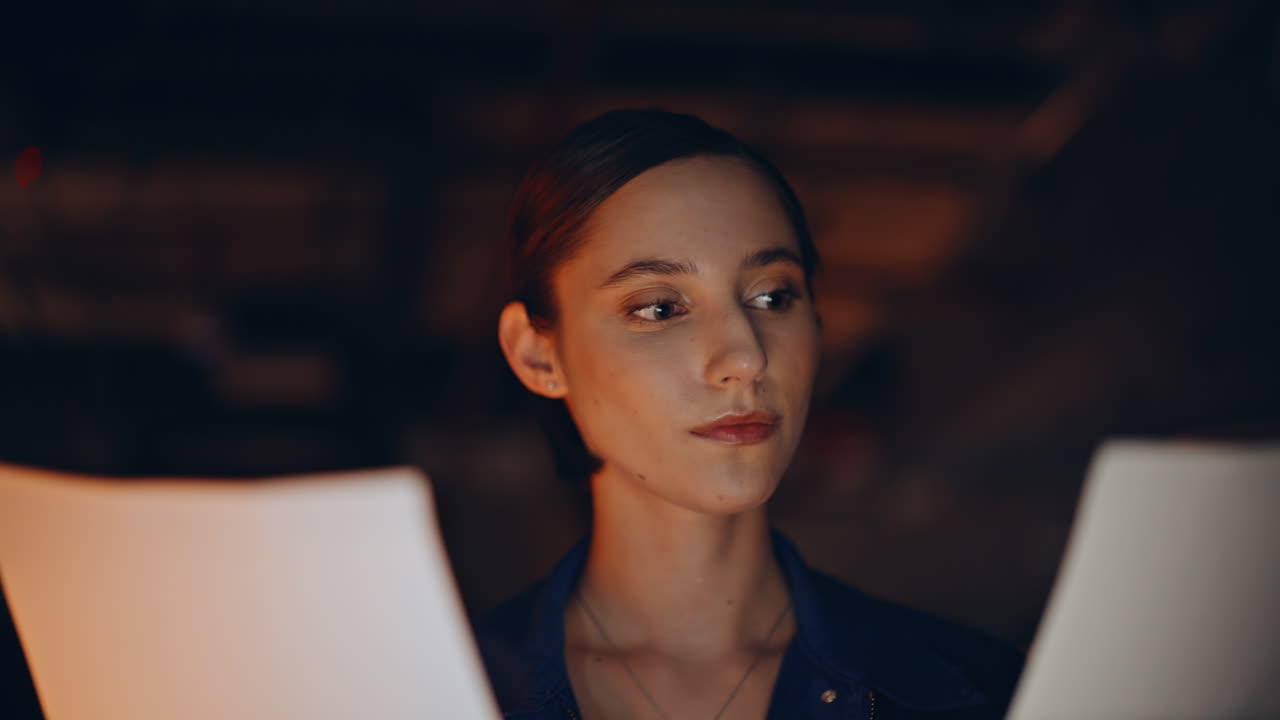 Accountant doing paperwork night office closeup. Portrait woman manager reading