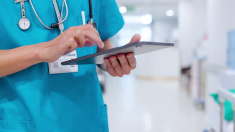 Hands-typing,-nurse-and-research-on-tablet