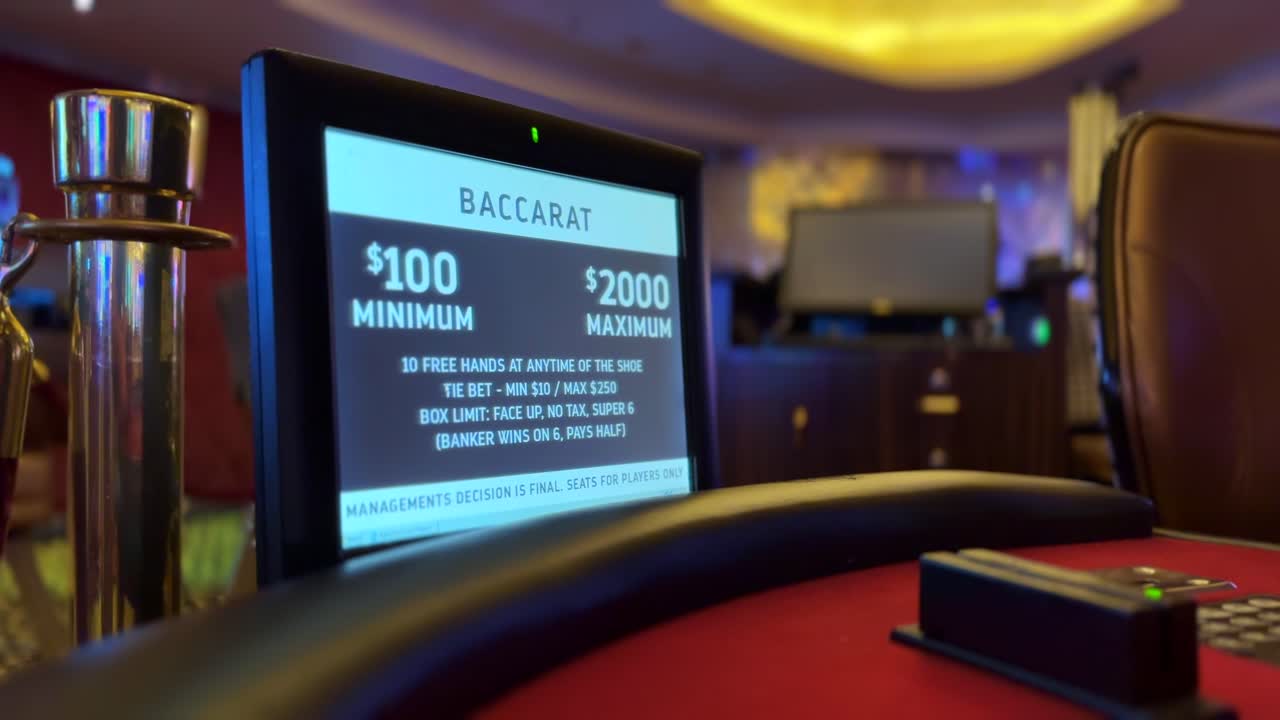 Cartello con puntata minima e massima per tavolo da gioco di carte baccarat, gioco d'azzardo da casinò.