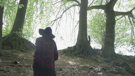 a lonely anonym girl walking through a forrest carrying a book