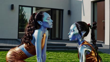 two alien women in a garden