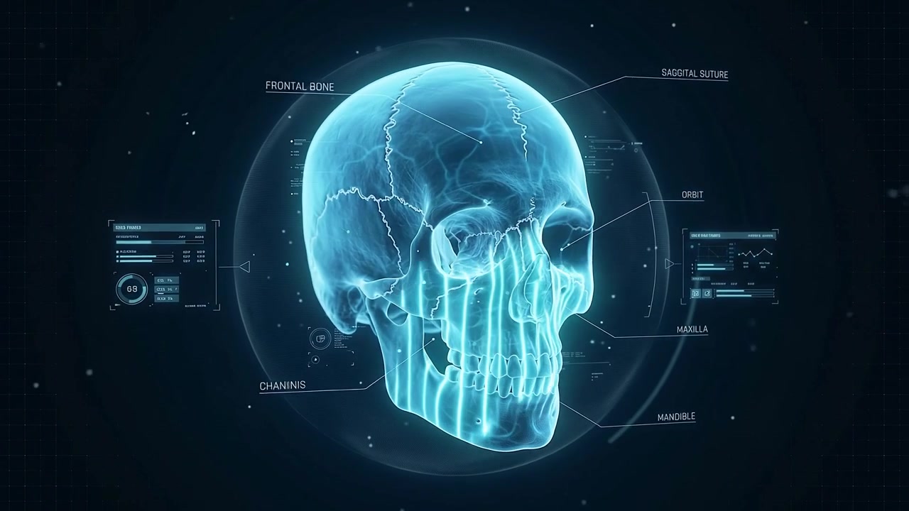 Digital Human Skull Anatomy Scan with HUD Interface