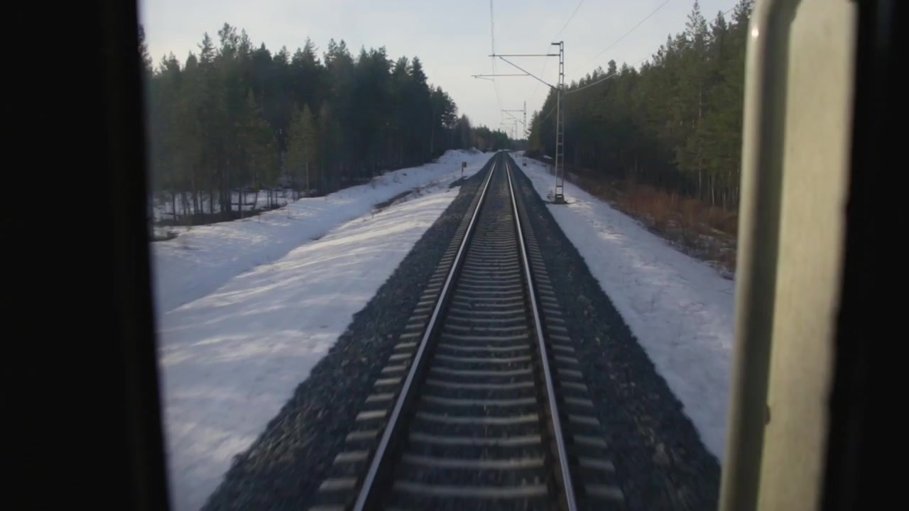 Un treno si muove all'indietro su binari coperti di neve attraverso una foresta in inverno, ripresa in soggettiva.