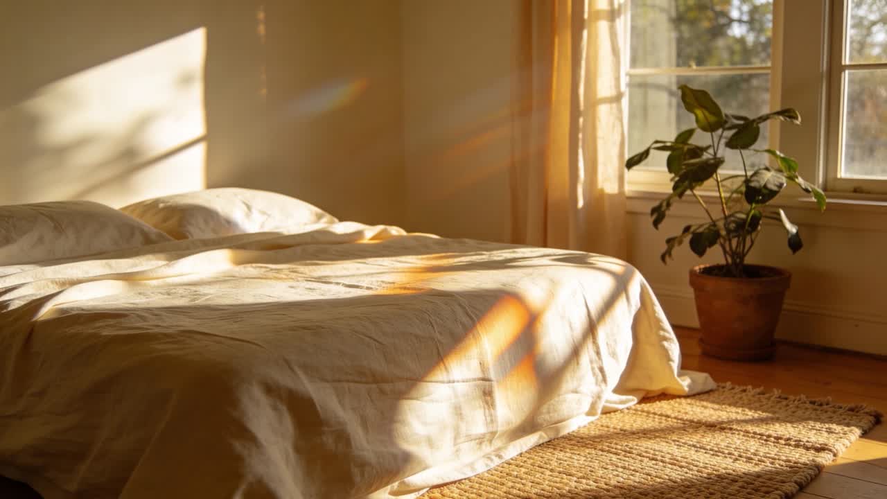 Raggio di sole mattutino che si sposta e attraversa un letto basso con piumone di lino e due cuscini, con ombre delle tende in movimento.