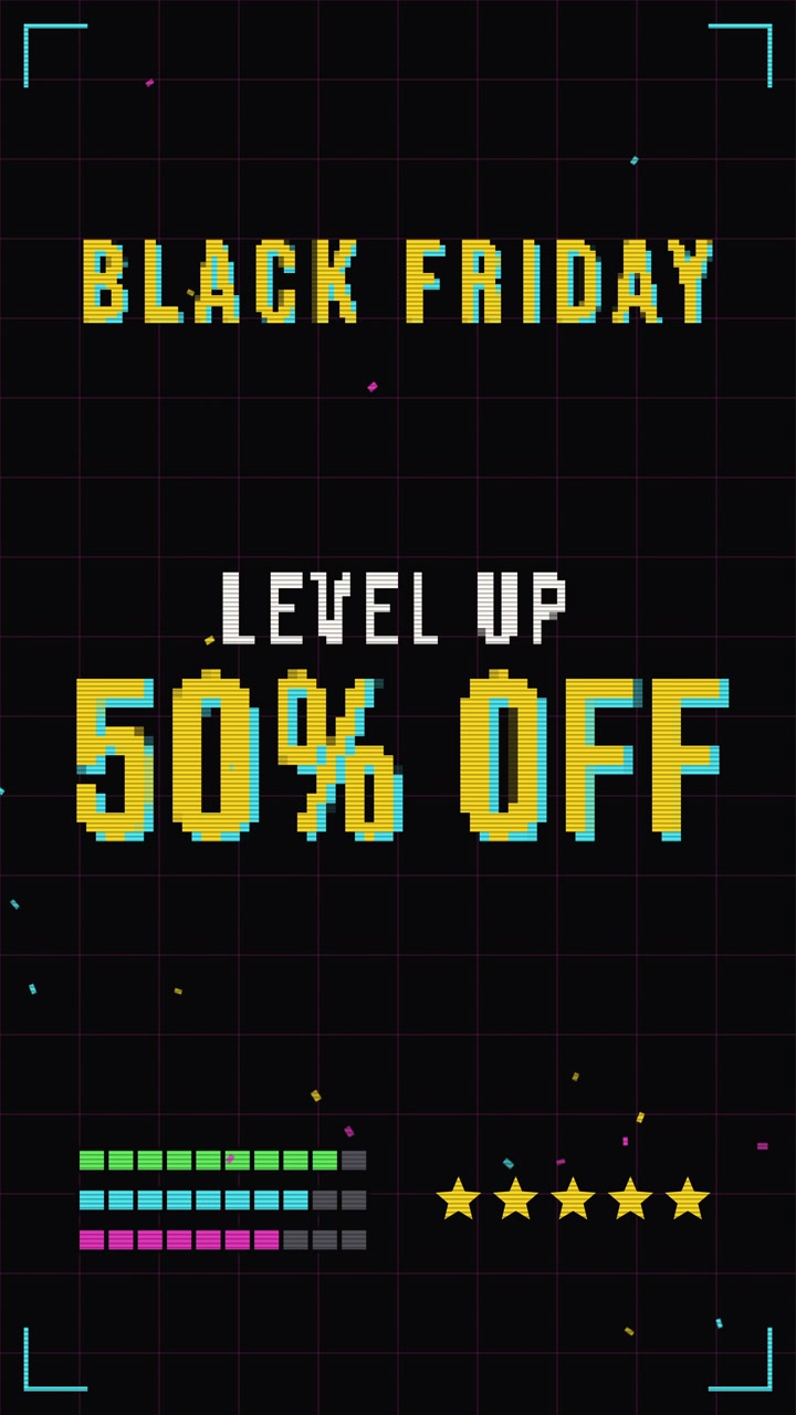 Teks HUD Game Retro Diskon 50 Persen Black Friday Level Up