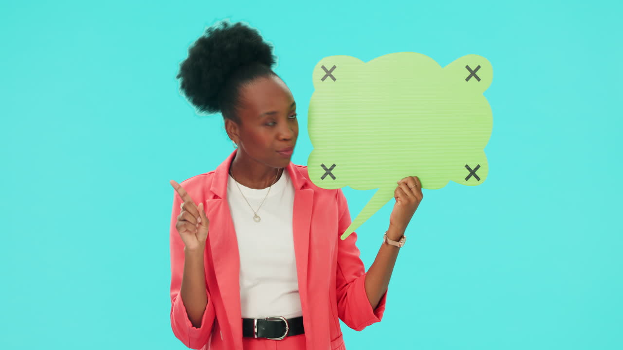 Woman, speech bubble poster and face for no