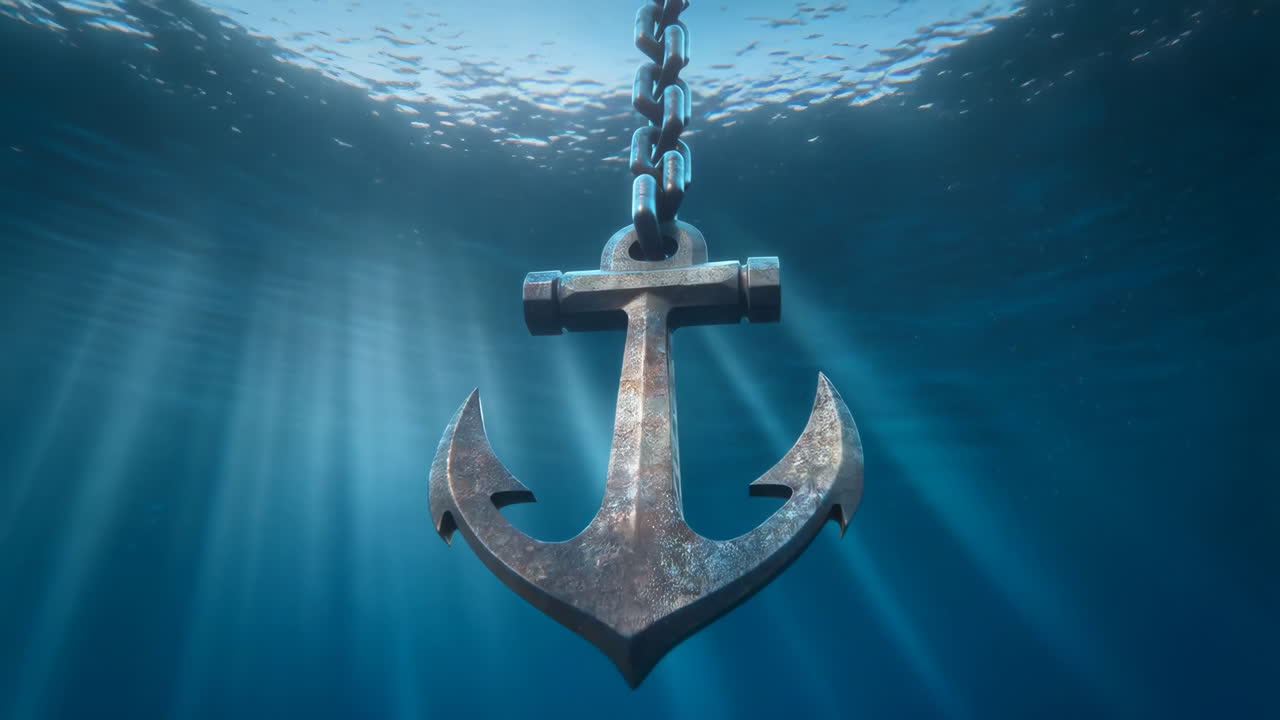 Anchor Submerged in Deep Blue Water with Light Rays