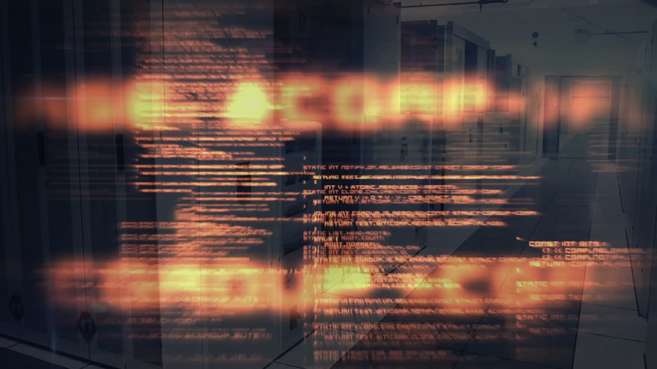 Scrolling code animation over servers in data center