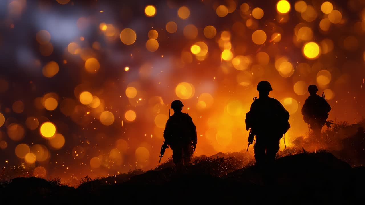 A Dramatic Scene of Soldiers Silhouetted Against a Fiery Background, Capturing the Intense Atmosphere of Courage, Conflict, and the Struggles Faced in Battle, Evoking Deep Emotions and Thoughts