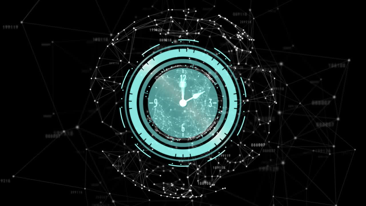 Animation of ticking clock and globe of network of connections against black background