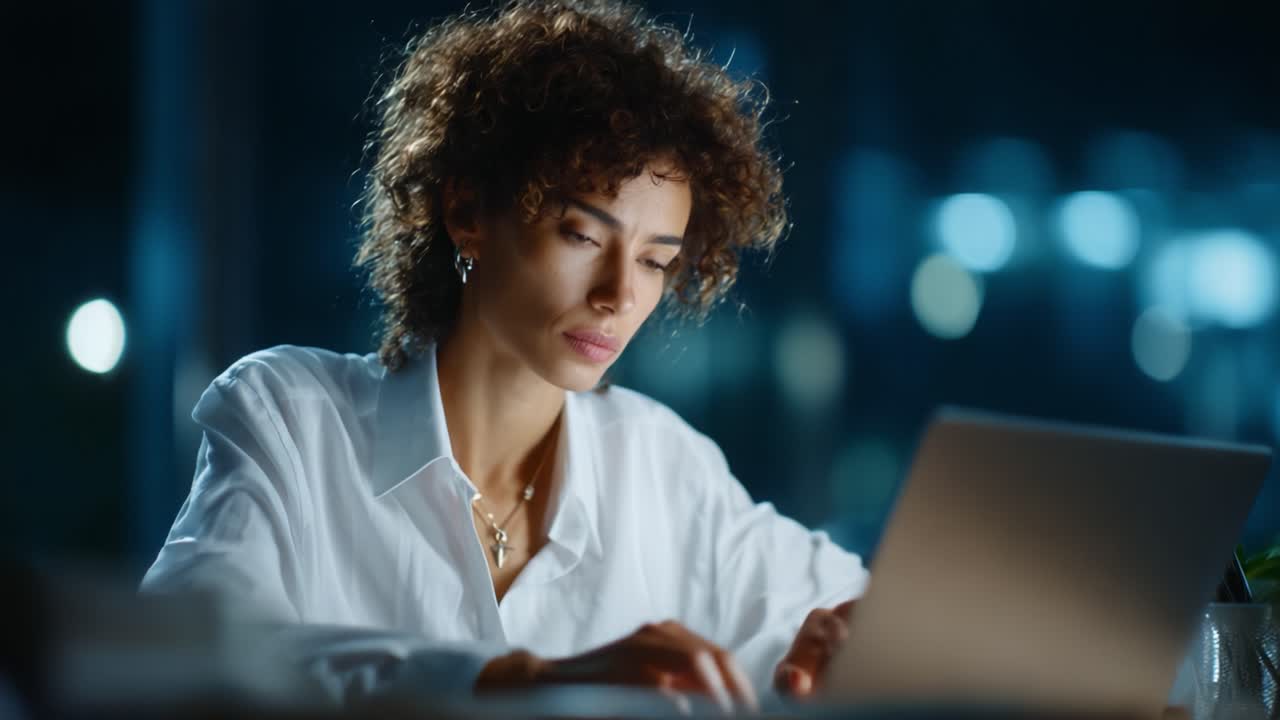 Focused Woman Working Late at Night on Laptop, Illuminated by Soft Light, Capturing the Essence of Productivity and Determination in a Peaceful Environment