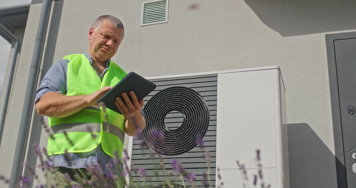 Technician Inspects Outdoor Heat Pump with Tablet