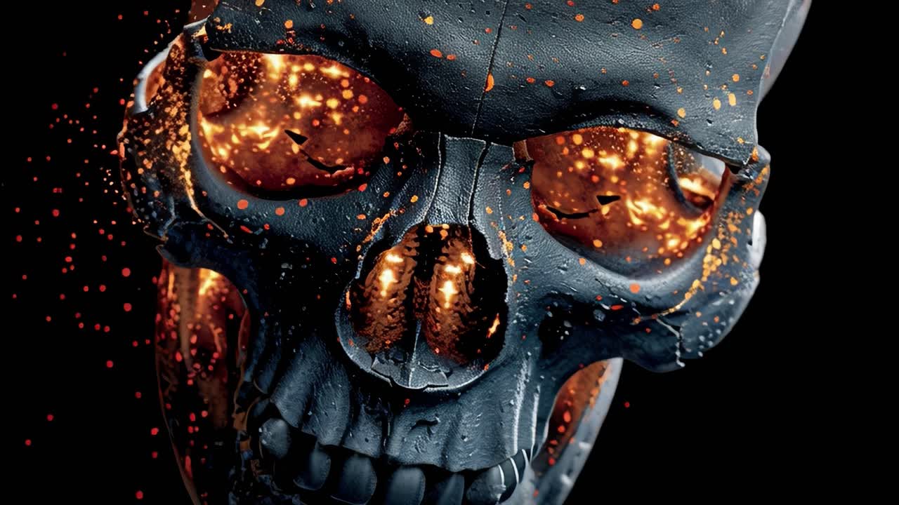 Burning skull rotating on black background with glowing particles