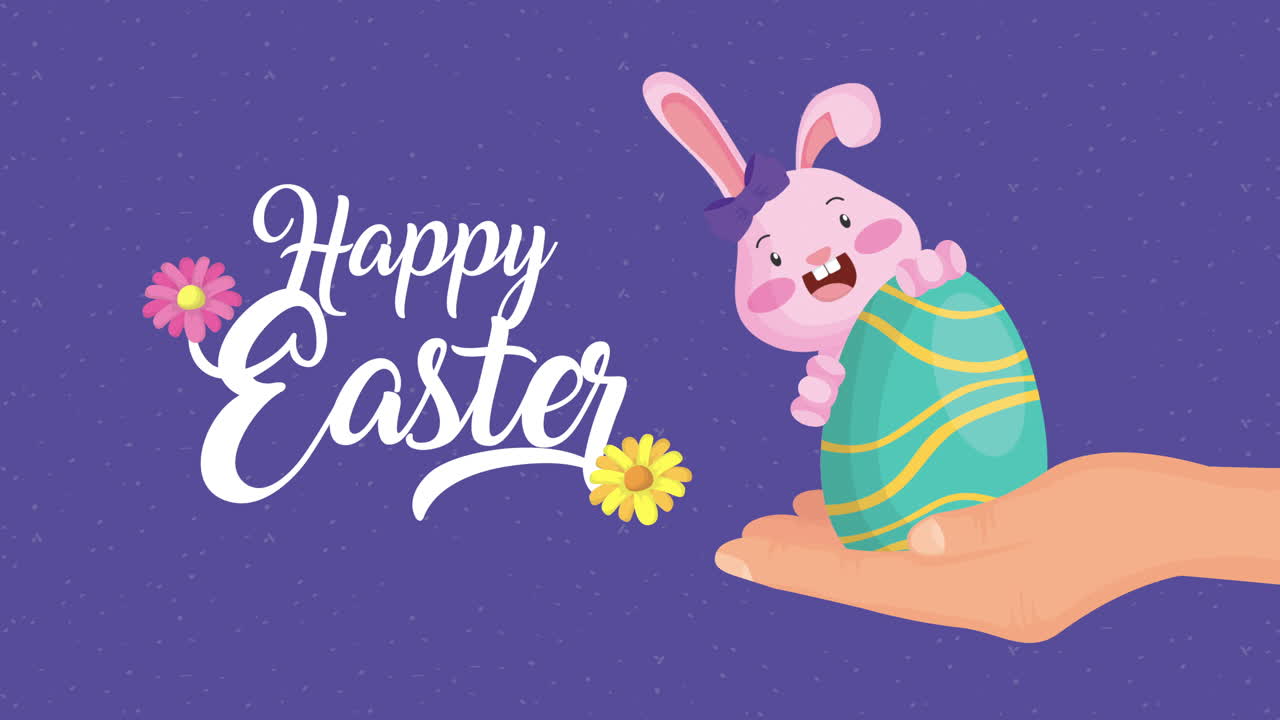 felicità pasqua carta animata con coniglio femmina e uova dipinte