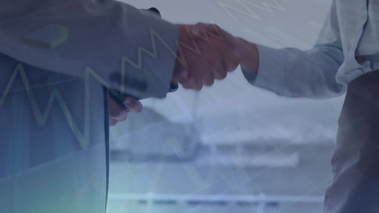 Elaborazione dati statistici su sfondo di un uomo e una donna d'affari che si stringono la mano
