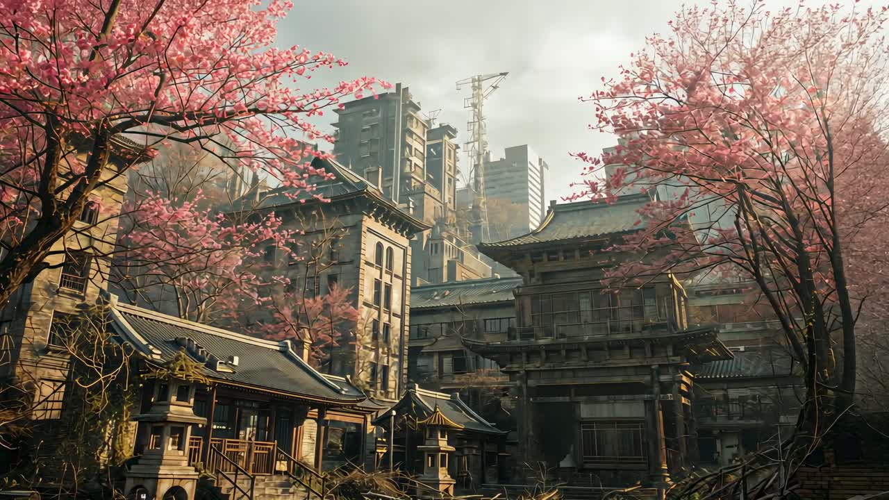 Floating blossom petals on gentle breeze through temple courtyard, contrasting modern city skyline