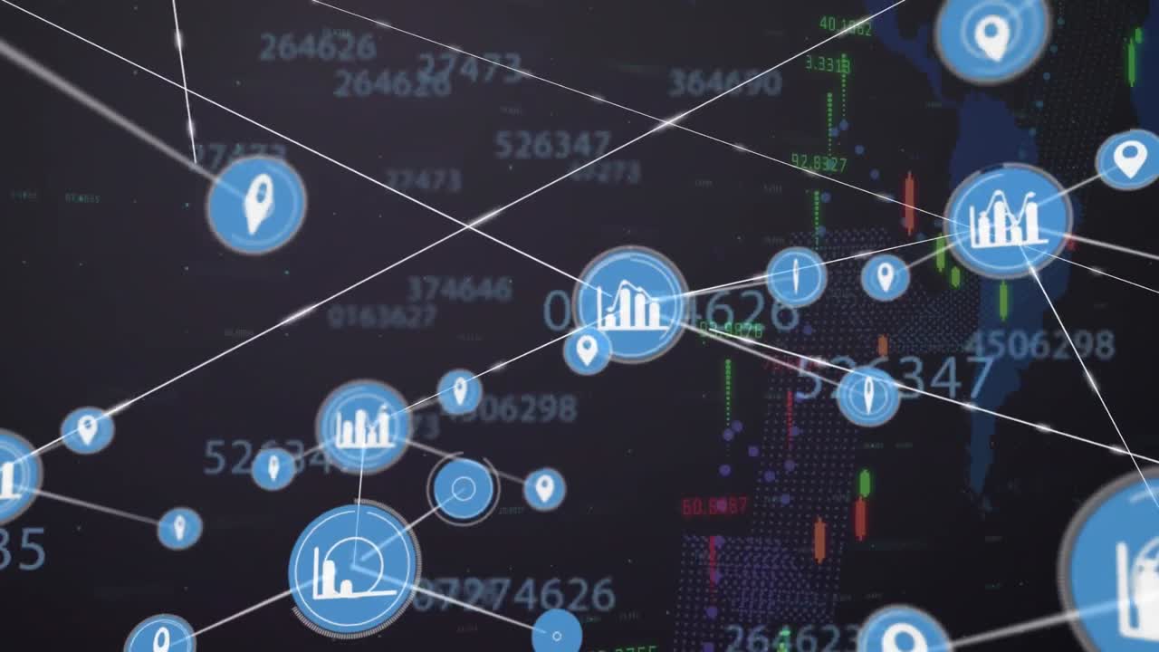 금융 데이터에 대한 아이콘과 세계 지도와 연결 네트워크의 애니메이션