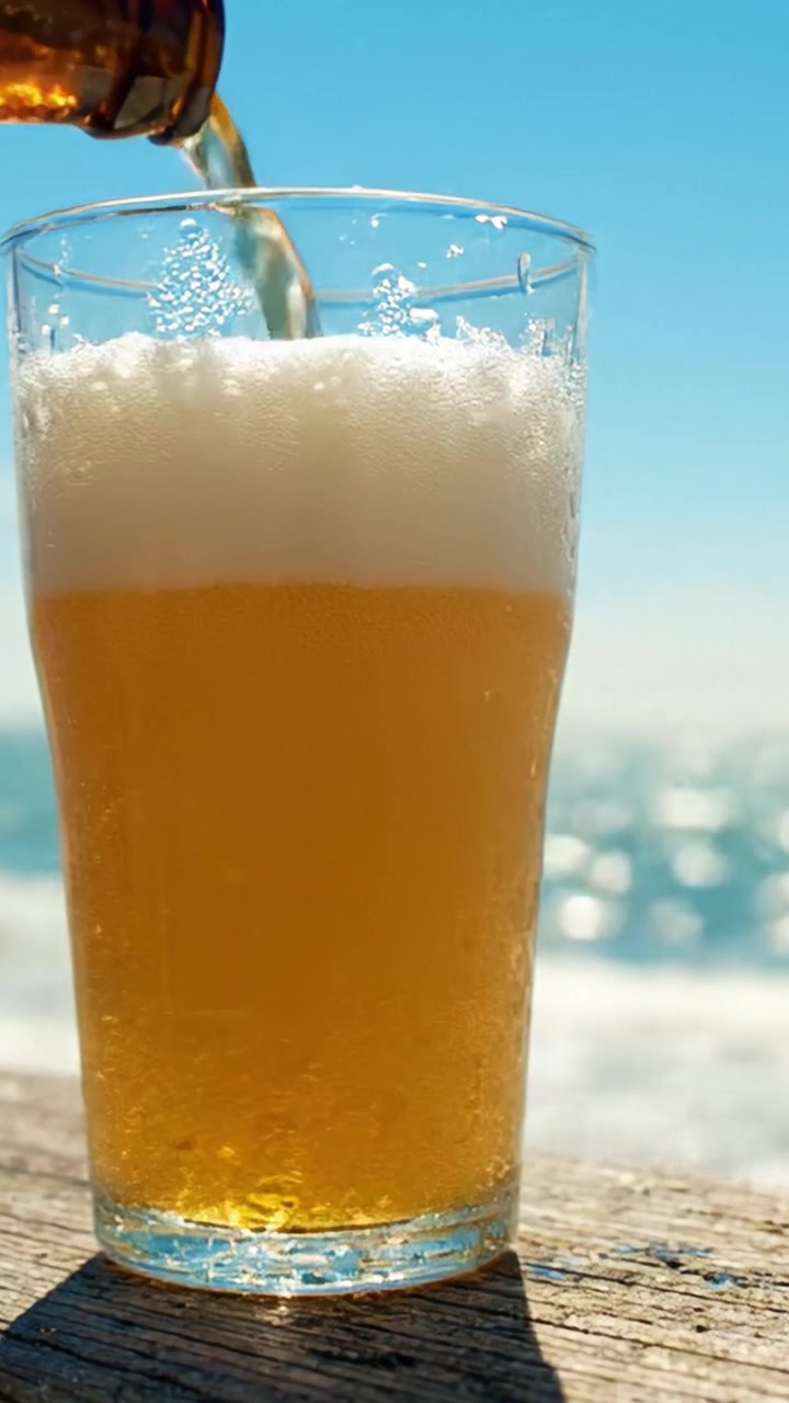 Un rinfrescante bicchiere di birra con schiuma in una giornata soleggiata sulla riva, che cattura l'essenza del relax estivo e del riposo in spiaggia