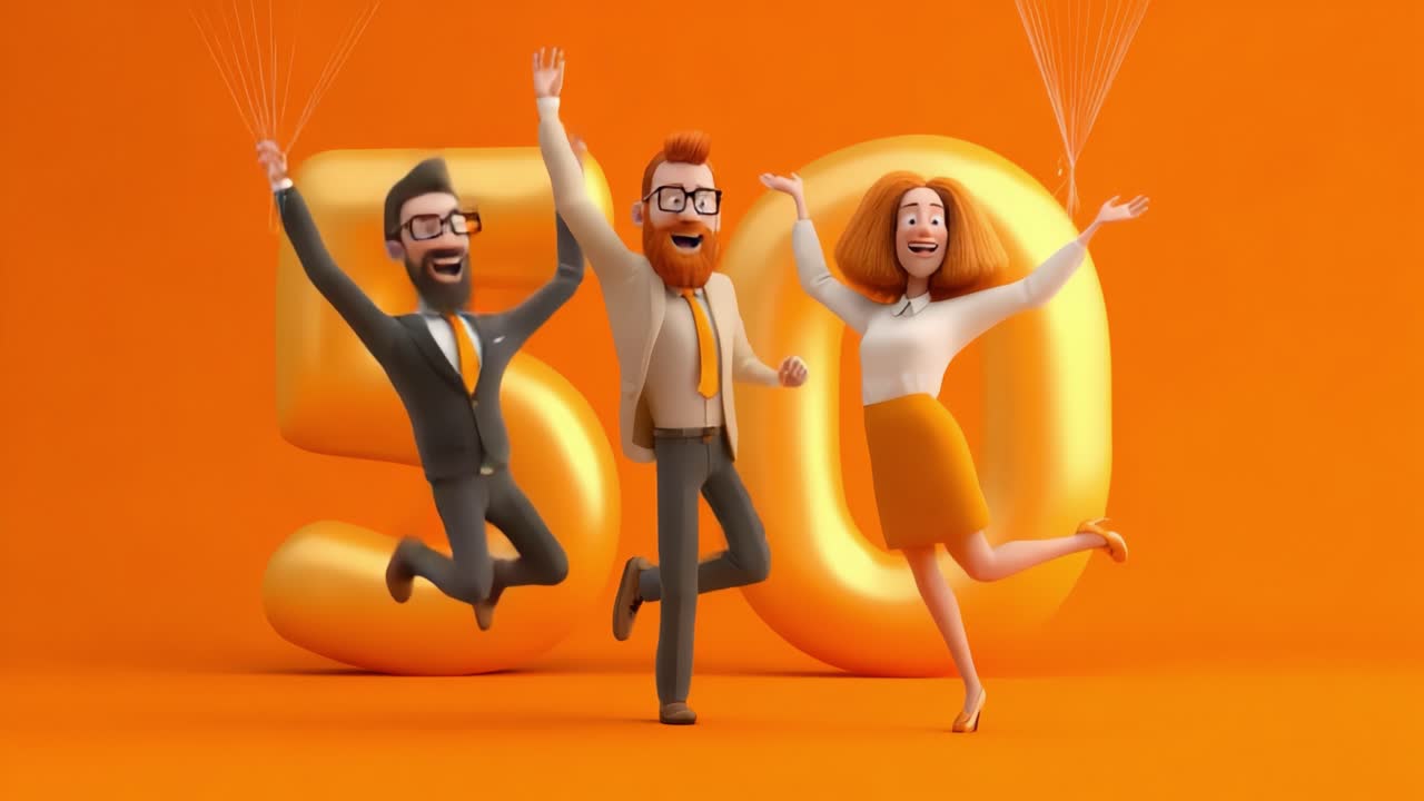 Celebrating 50 Years: Three Animated Characters Joyfully Leaping with Balloons Against a Vibrant Orange Background, Featuring Golden Number 50 Highlighting the Milestone Event
