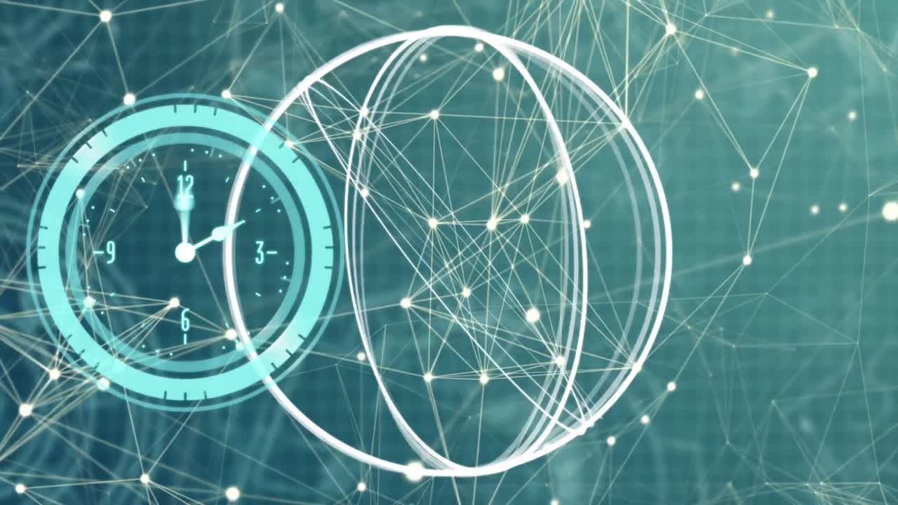 녹색 배경에 움직이는 시계와 회전하는 원의 애니메이션과 별자리