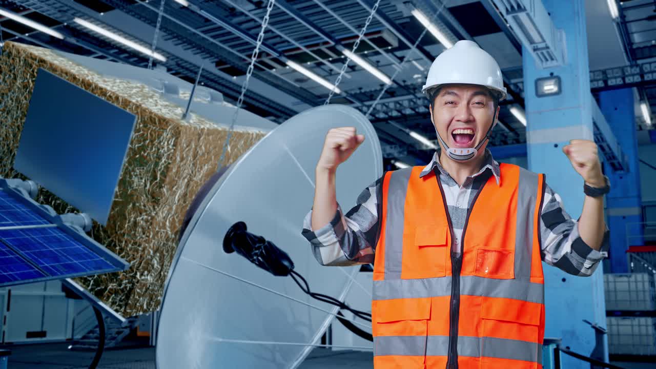 행복한 엔지니어가 위성 시설의 성공을 축하합니다.