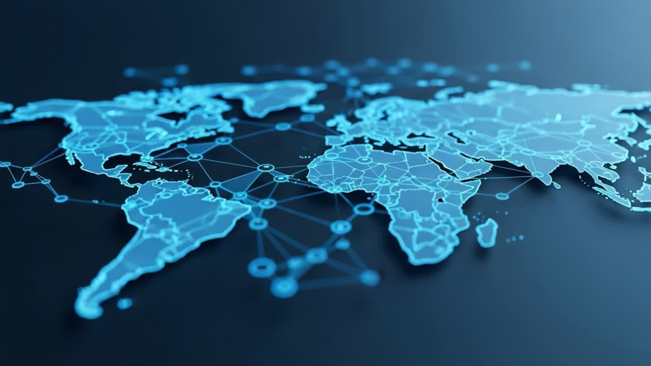 A Detailed Global Map Visualization Showcasing Connections and Network Links Across Continents in a Modern Digital Format