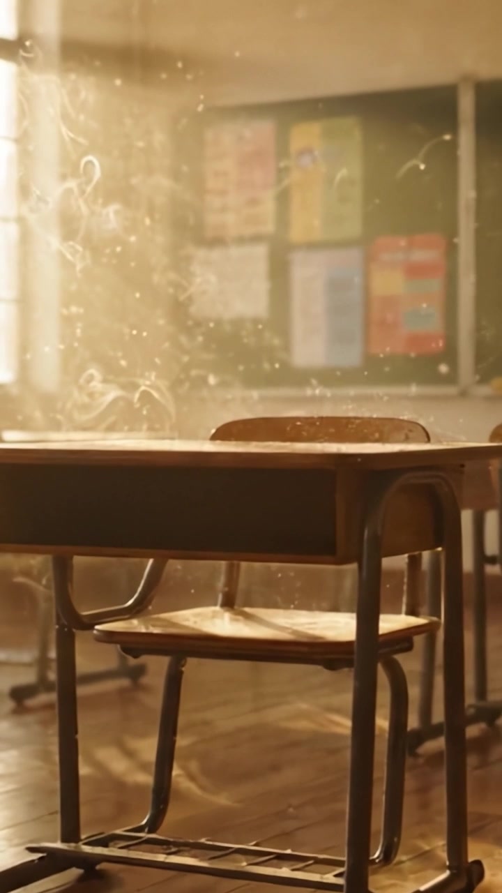 A Serene Classroom Scene Captured in the Golden Light of Morning, Emphasizing Educational Ambiance and Nostalgic Vibes of Learning Environments