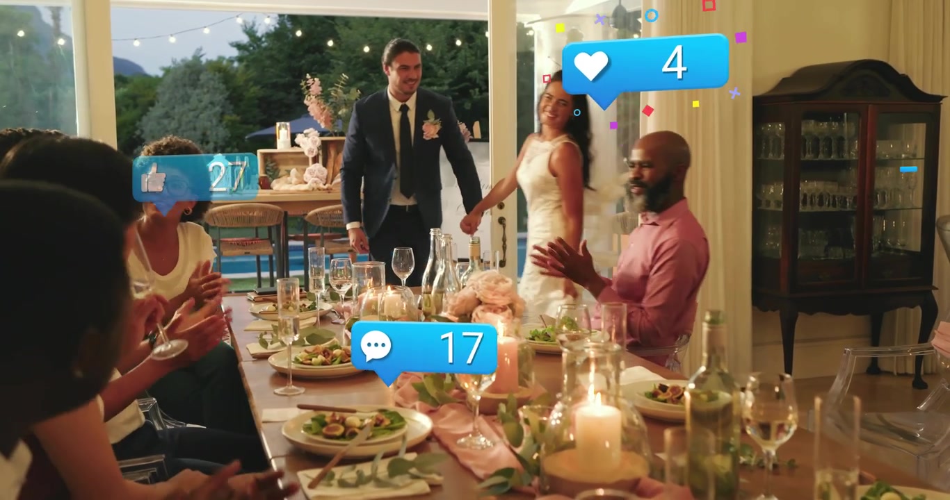 Bride and groom entering reception with icons showing rising likes comments for event marketing
