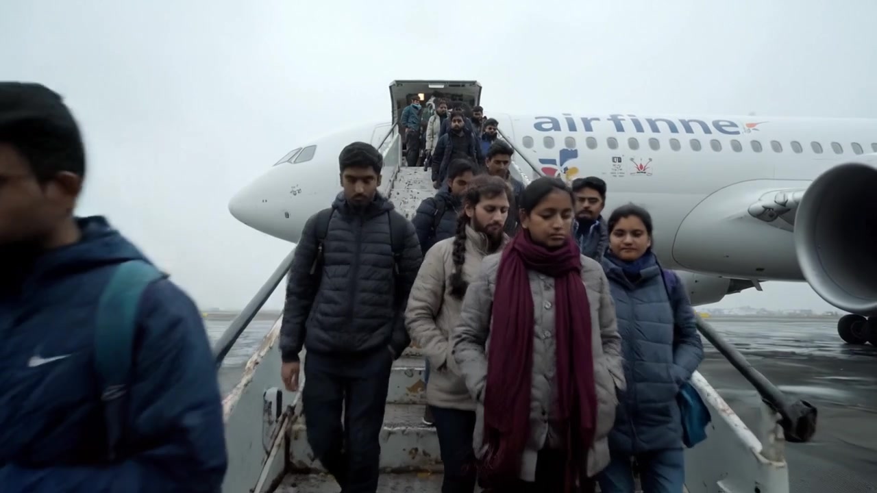 Passengers Disembark from Aircraft in Foggy Conditions as They Begin Their Journey on the Tarmac After Landing Safely from Their Flight to an Unknown Destination