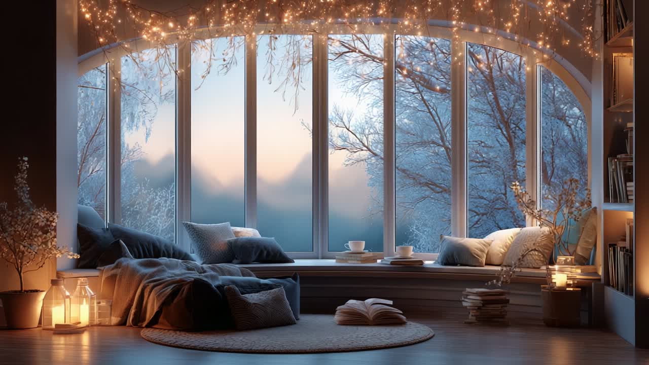 Cozy Winter Sanctuary: A Tranquil Living Space with Soft Lighting and Natural Decor Showcasing Frosty Vistas Through Expansive Windows, Perfect for Relaxation and Reflection During the Chilly Season