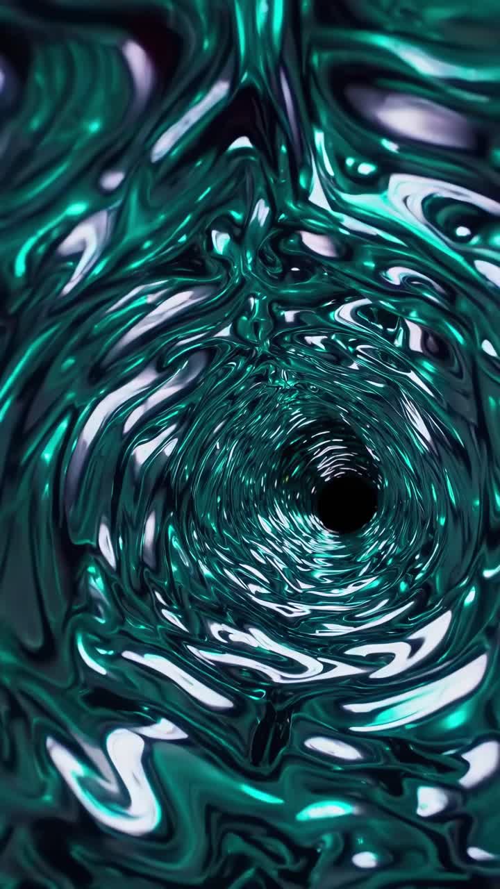 Luminescent green slime swirling through metallic tunnel, generating hypnotic vortex with dynamic reflections and shadowy depths
