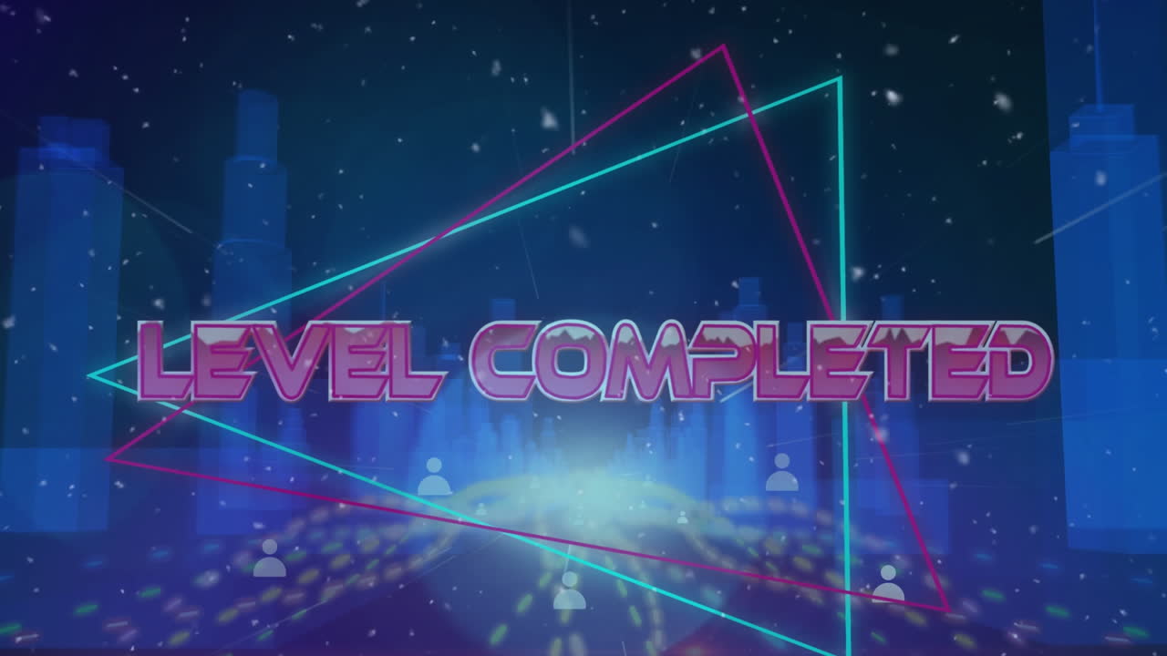 도시 풍경과 그리드 위에 금속 분홍색 글자로 완성된 레벨 텍스트의 애니메이션