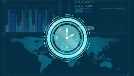 reloj de neón haciendo tictac sobre el mapa del mundo contra la interfaz digital con procesamiento de datos en fondo azul