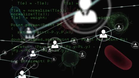 rete di icone di profilo e elaborazione dei dati contro le cellule e i vasi sanguigni di covid-19