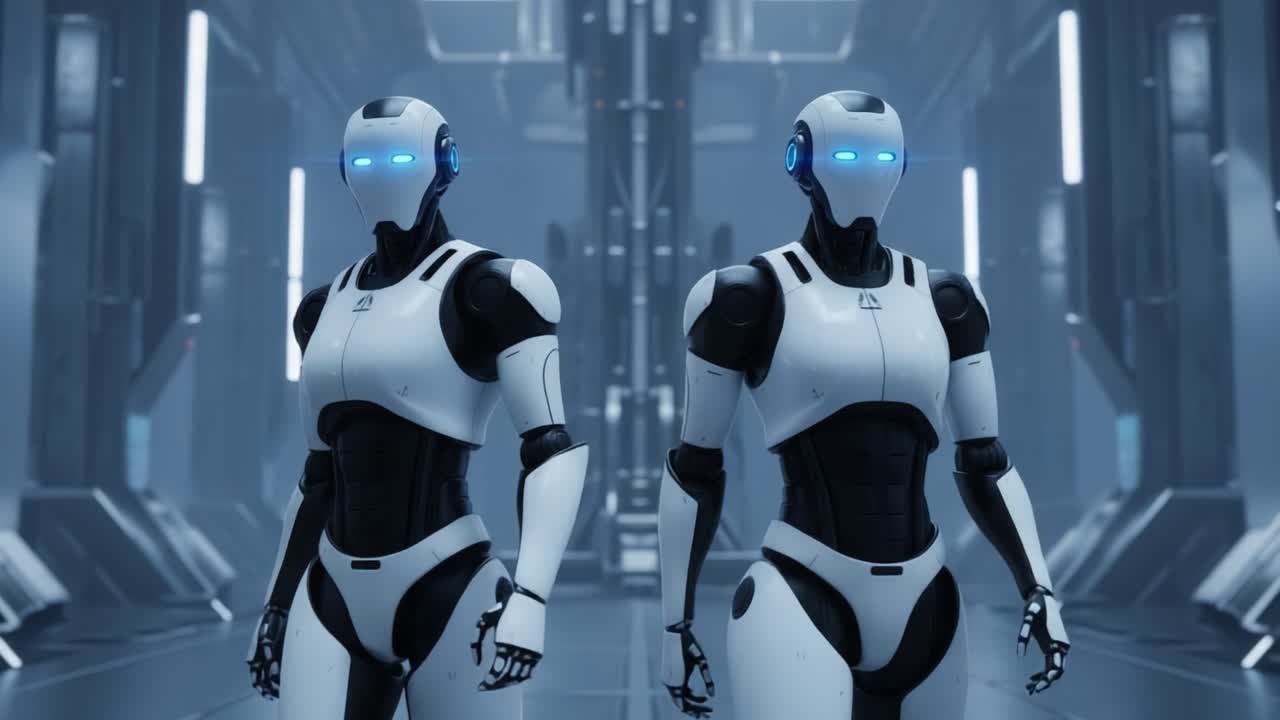 Futuristic robotic duo stands in a sleek, high-tech environment, showcasing advanced AI design and intricate details that highlight their cutting-edge technology and functionality.