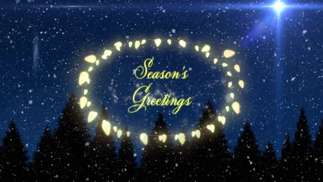 Animation-of-season's-greetings-text-with-christmas-fairy-lights-and-snow-over-winter-landscape