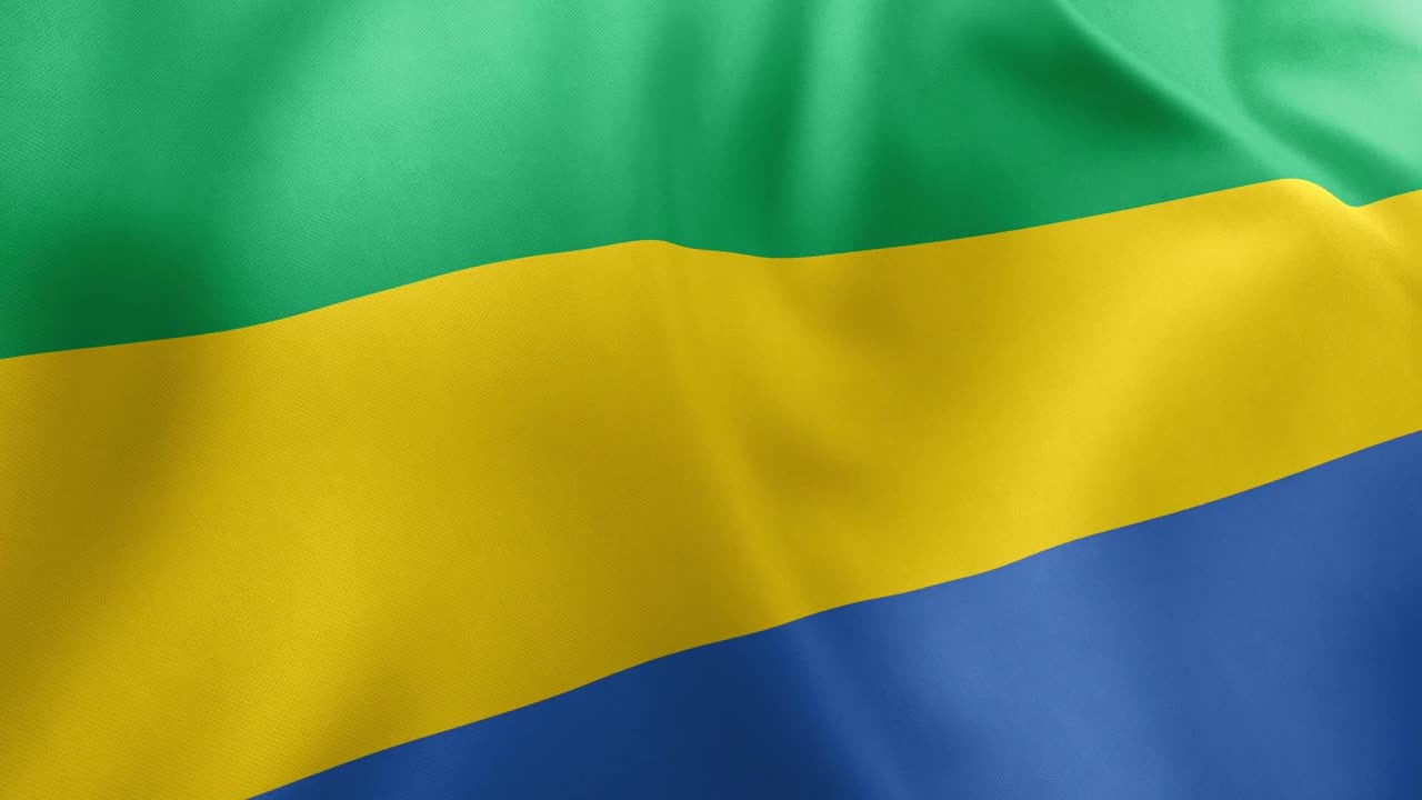 Realistic waving flag of Gabon, green, yellow, blue horizontal stripes. Central African nation symbol, Libreville, patriotism, Gabon