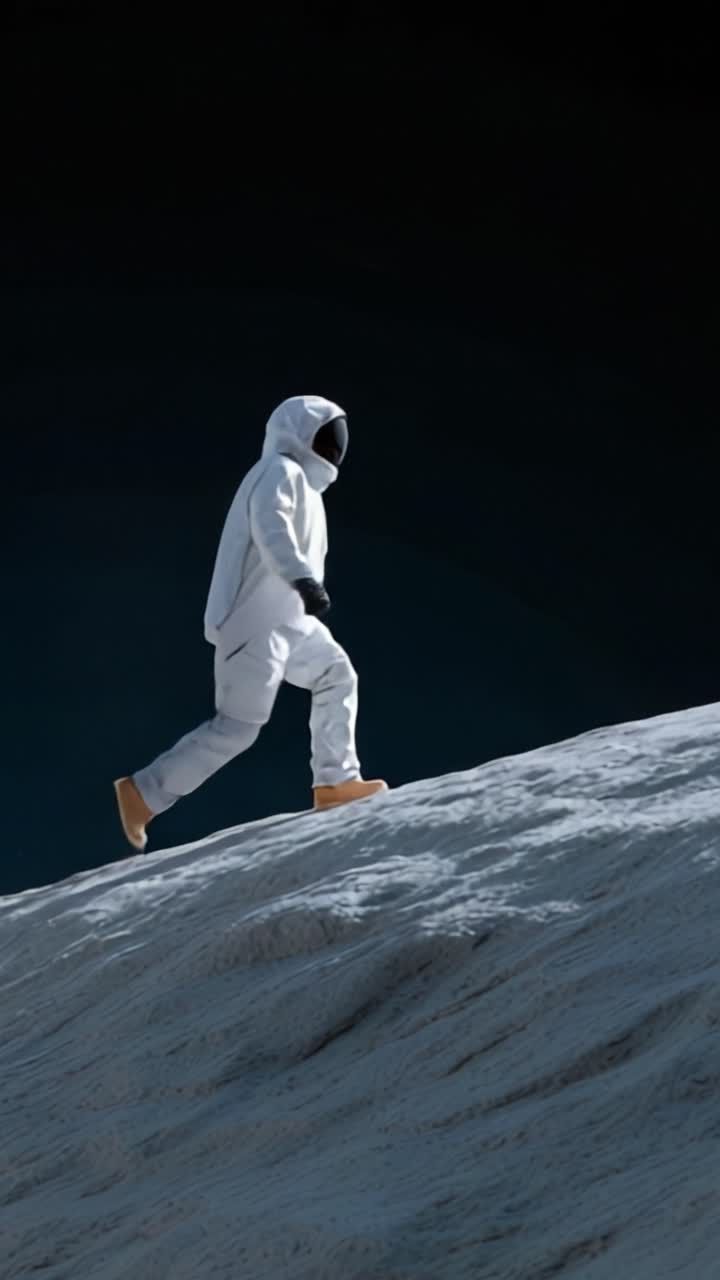 An astronaut traverses the lunar landscape, showcasing the stark beauty and isolation of space exploration amidst the dark void of the cosmos