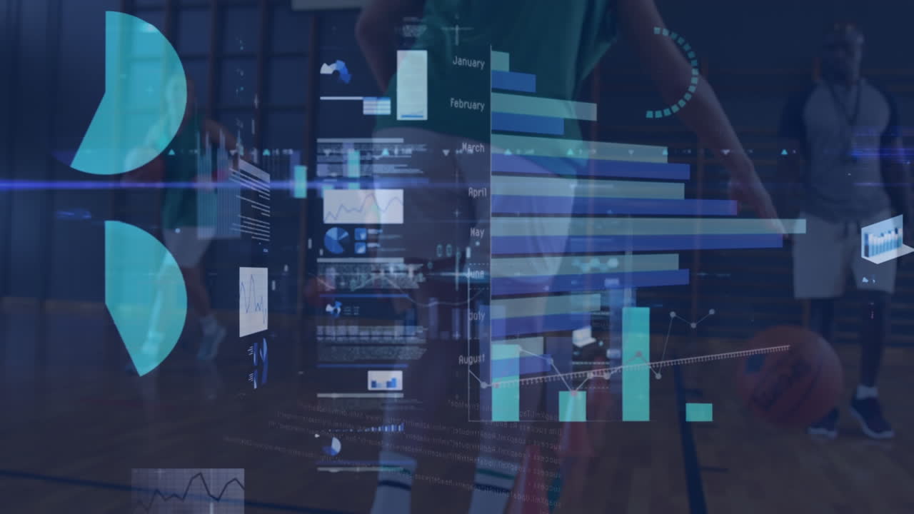 Animation af statistik og databehandling over en basketballkamp.