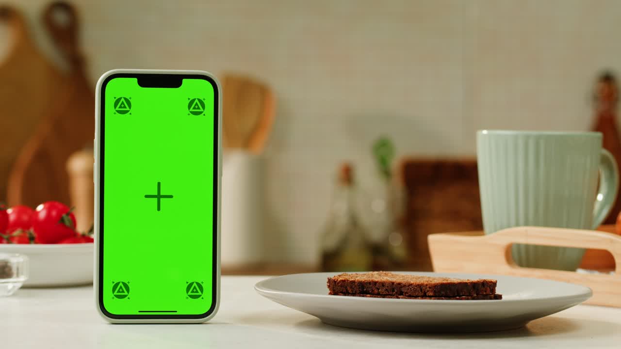 Smartphone with Green Screen on Kitchen Table with Bread