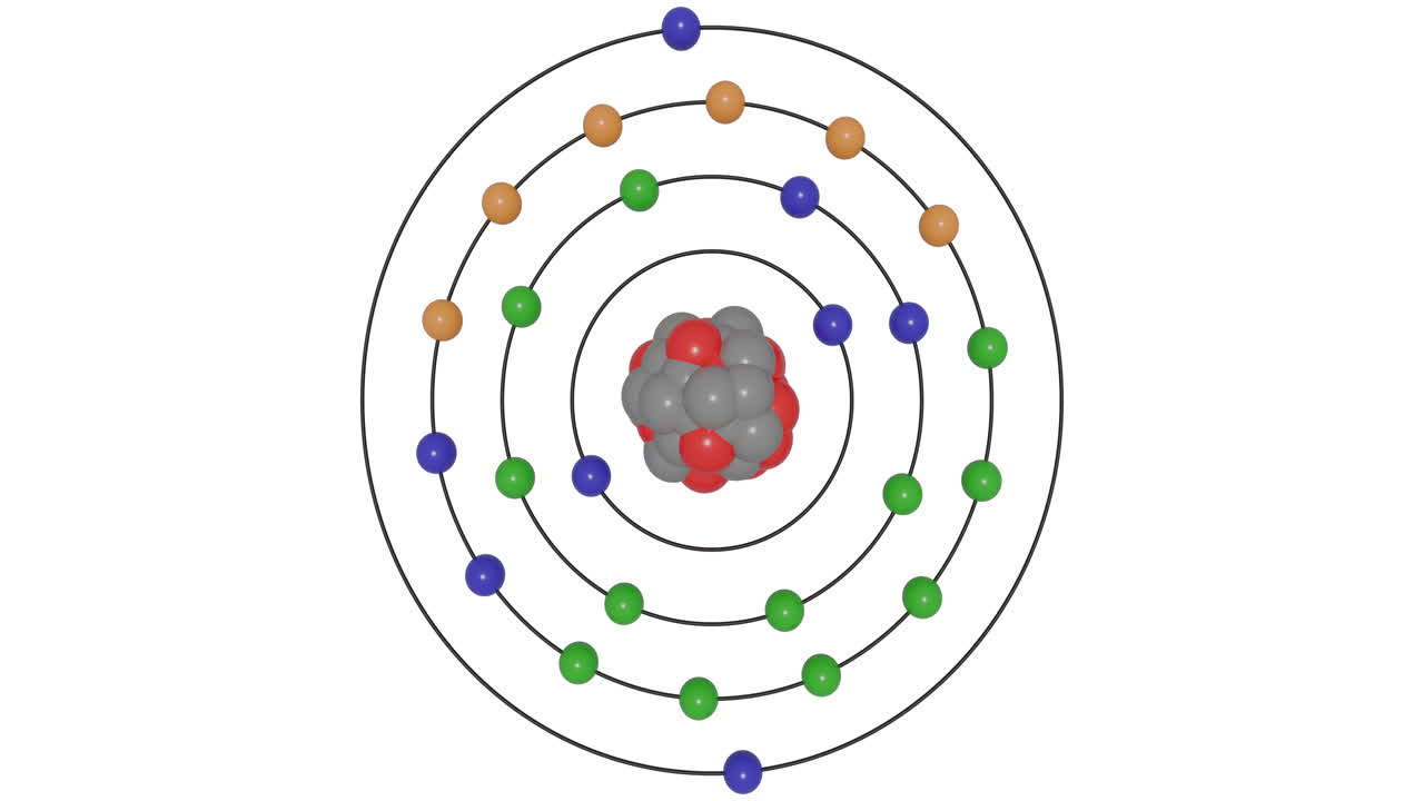 3D animation of an iron (Fe) atom in the Bohr model with electron orbits, nucleus, protons, neutrons, and energy levels in a seamless loop. Ideal for STEM education and scientific visualization
