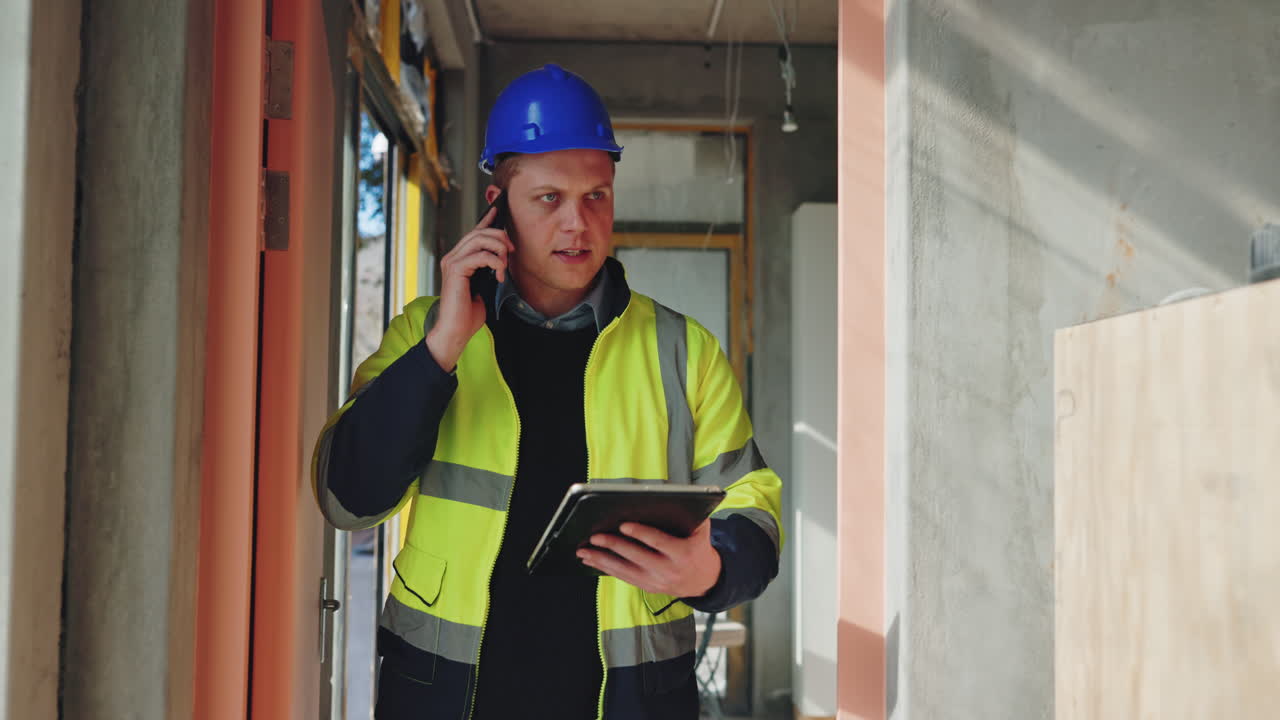 trabajador de la construcción en el sitio usando tableta y teléfono