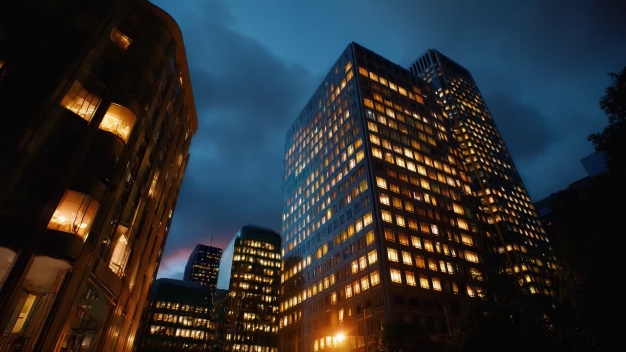 Paisagem urbana noturna deslumbrante com arquitetura moderna iluminada, céus nublados dramáticos e luzes vibrantes da cidade, criando uma atmosfera cativante