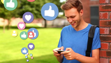 man wearing a blue shirt with like social media icons
